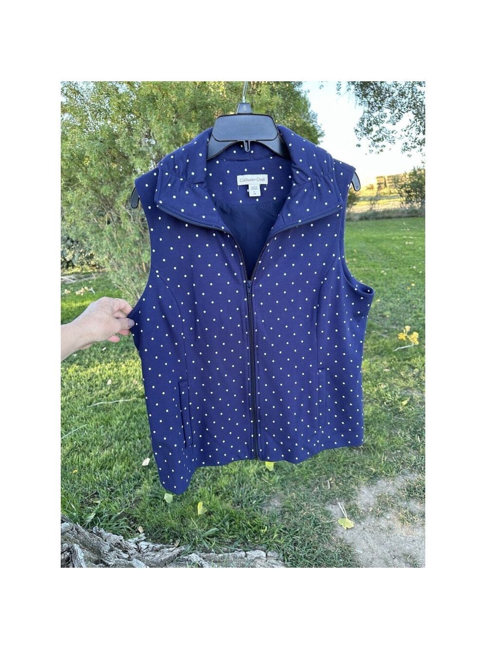 Coldwater Creek Polka Dot Lined Vest Navy Blue & White Womens Large Pockets